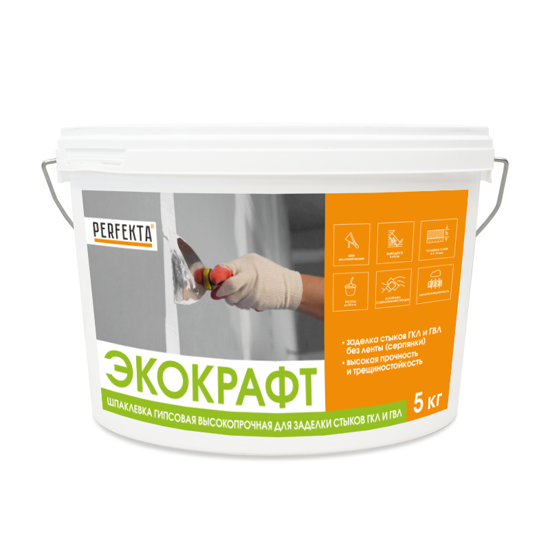 Шпаклевка гипсовая высокопрочная для заделки стыков ГКЛ и ГВЛ Экокрафт, 5 кг